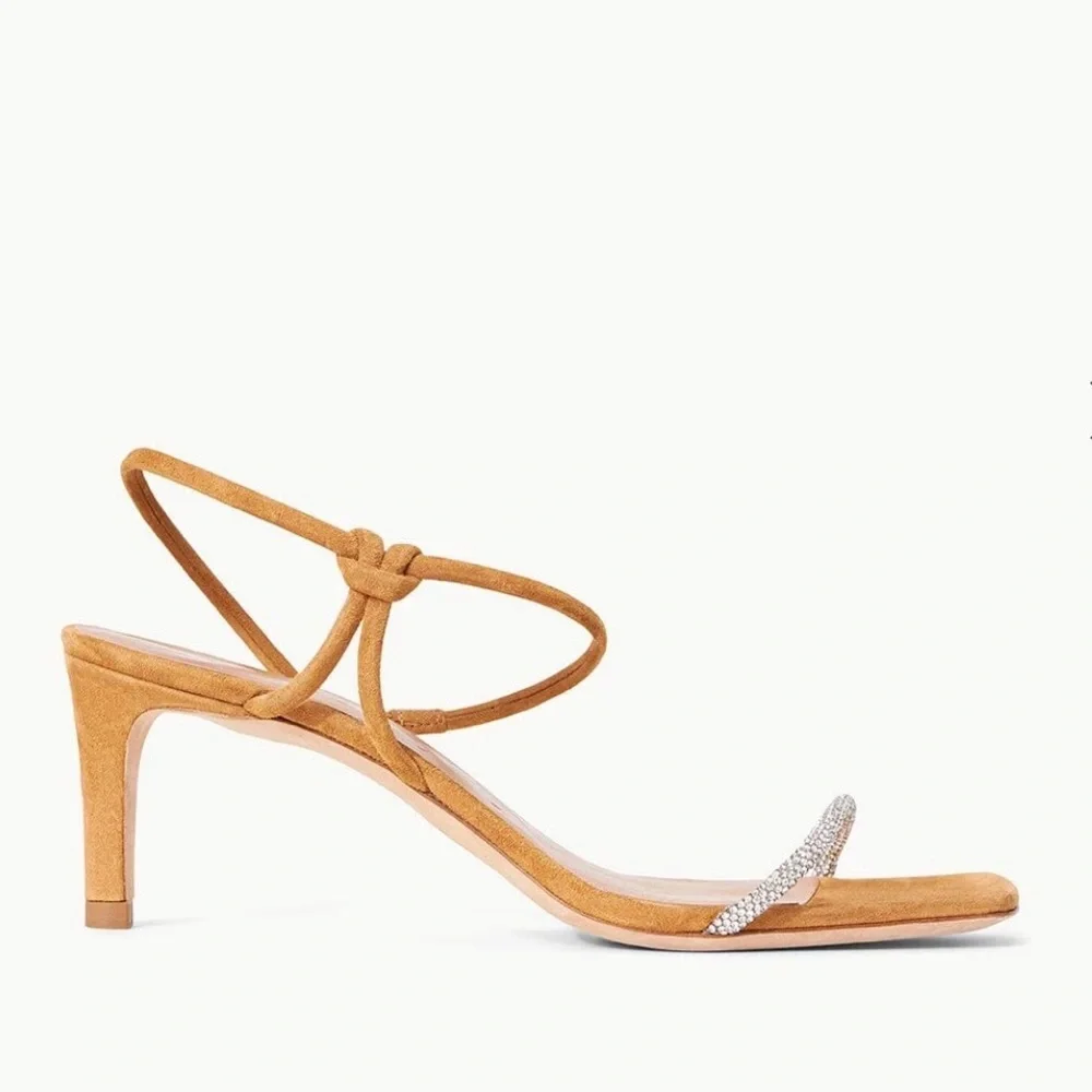 STAUD Tan Suede Strappy Heeled Sandals Rhinestone laurel Crystal heel size 38.5 - Picture 11 of 16